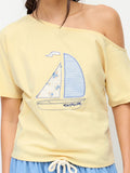 Light Yellow Off‑Shoulder Sailboat Embroidery Short‑Sleeve Tee