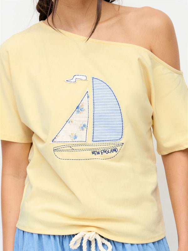 Light Yellow Off‑Shoulder Sailboat Embroidery Short‑Sleeve Tee