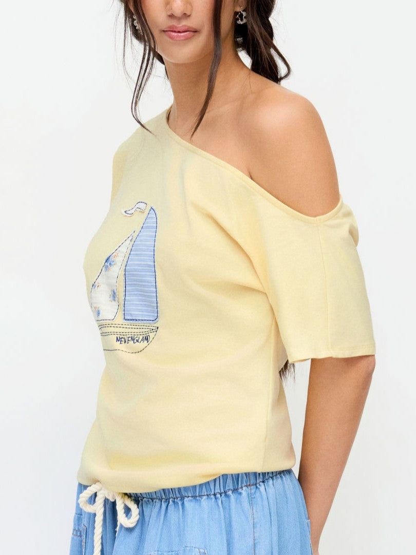 Light Yellow Off‑Shoulder Sailboat Embroidery Short‑Sleeve Tee