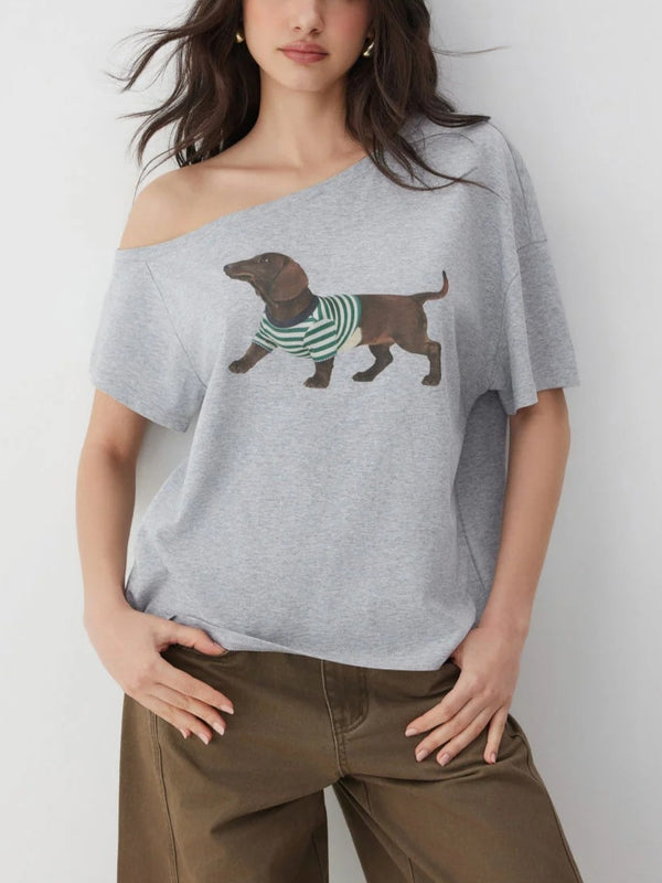 Grey Dachshund Graphic Asymmetrical Neck Oversized Short‑Sleeve Tee