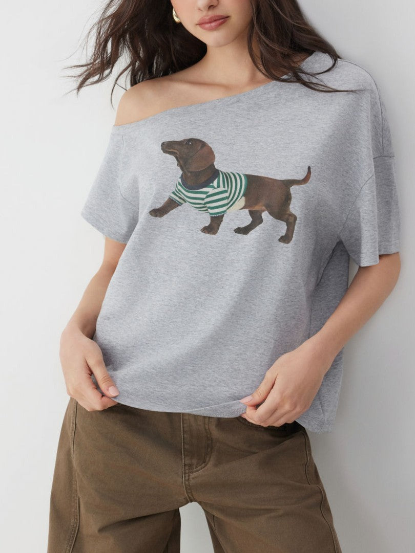 Grey Dachshund Graphic Asymmetrical Neck Oversized Short‑Sleeve Tee