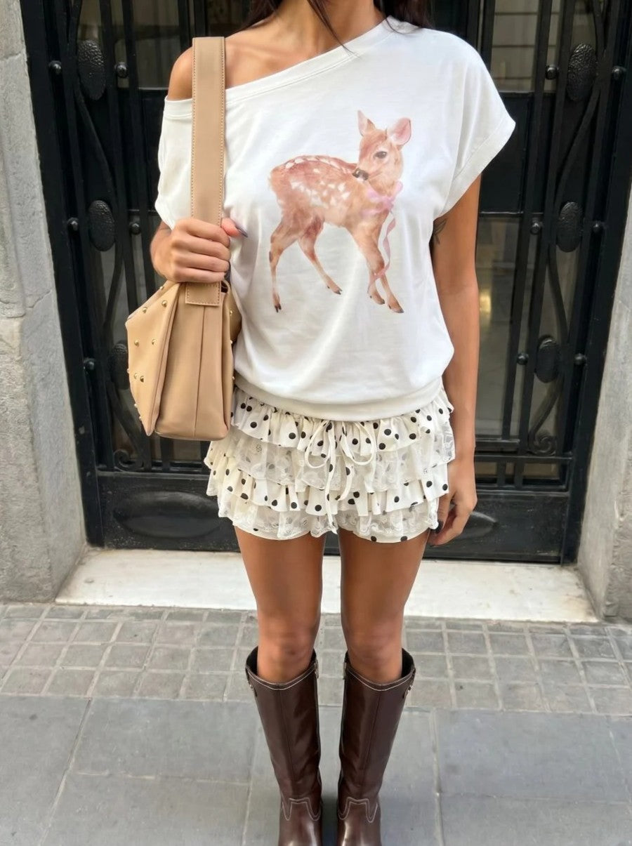 White Deer & Bowknot Graphic Asymmetrical Neck Short‑Sleeve Tee