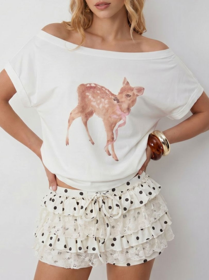 White Deer & Bowknot Graphic Asymmetrical Neck Short‑Sleeve Tee