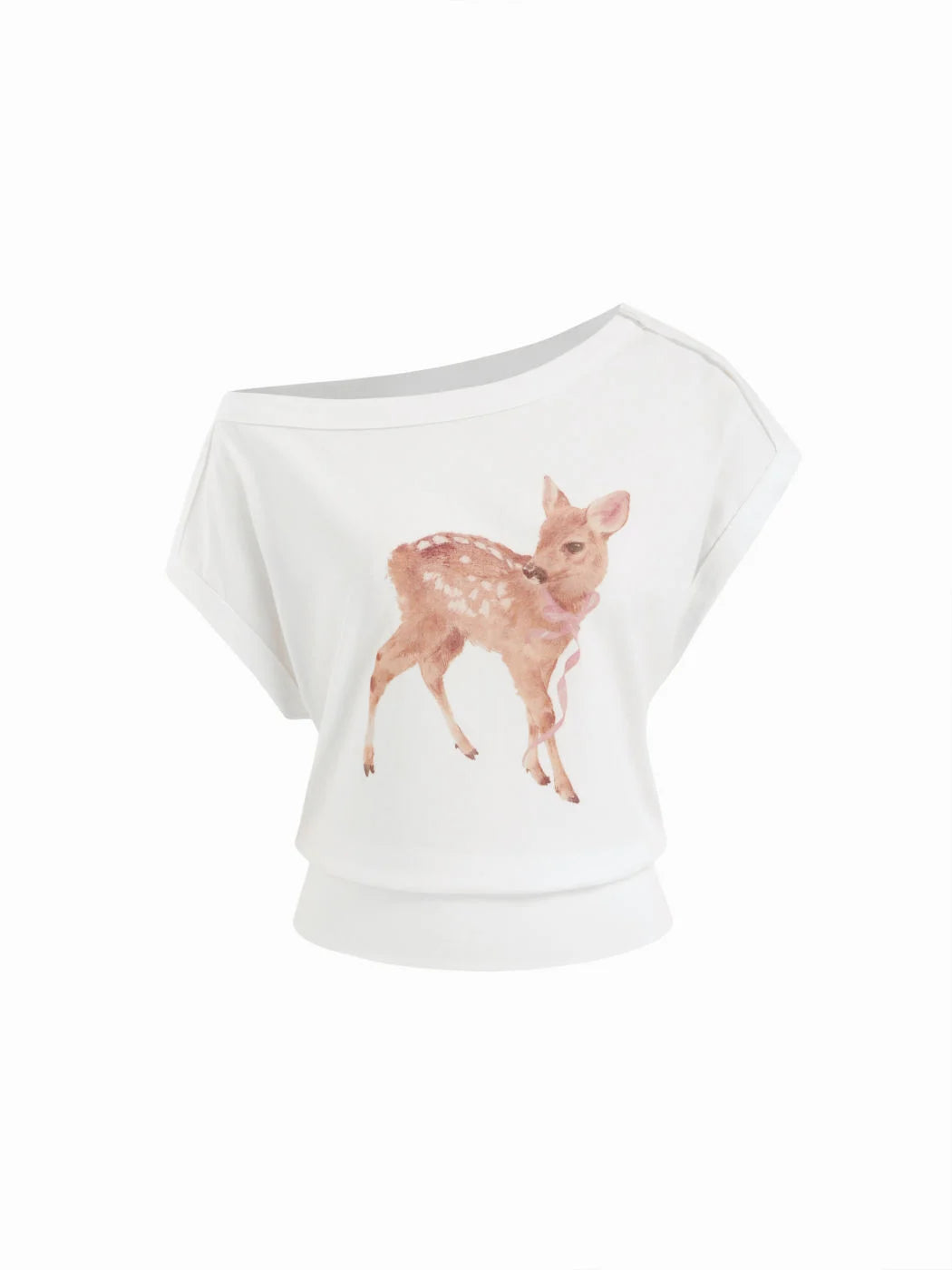 White Deer & Bowknot Graphic Asymmetrical Neck Short‑Sleeve Tee