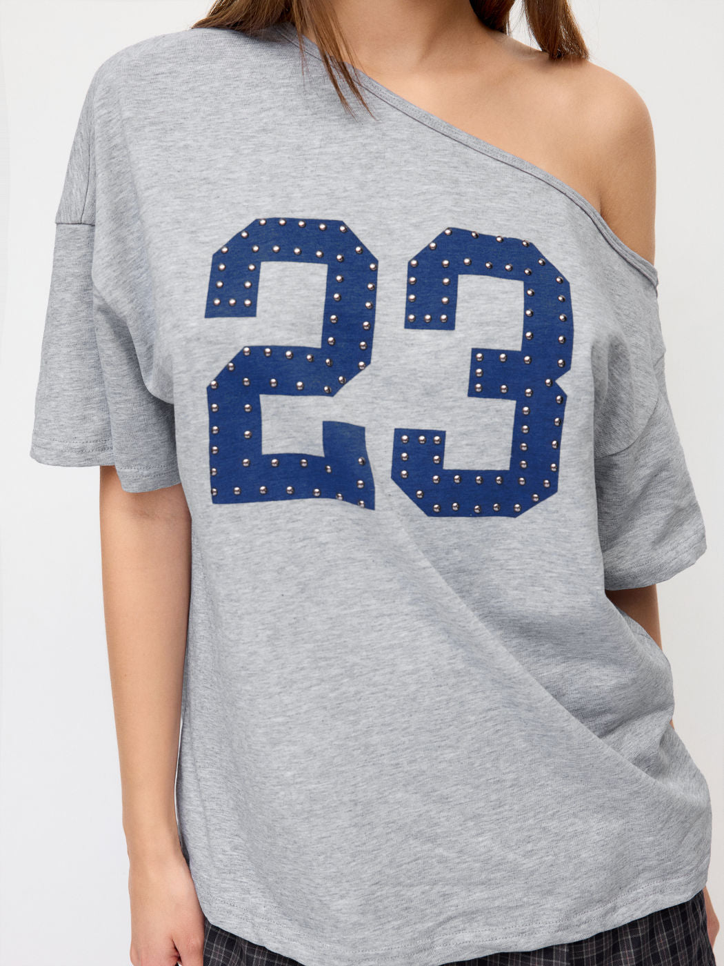 Grey Number 23 Rhinestone‑Graphic Asymmetrical Neck Oversized Short‑Sleeve Tee