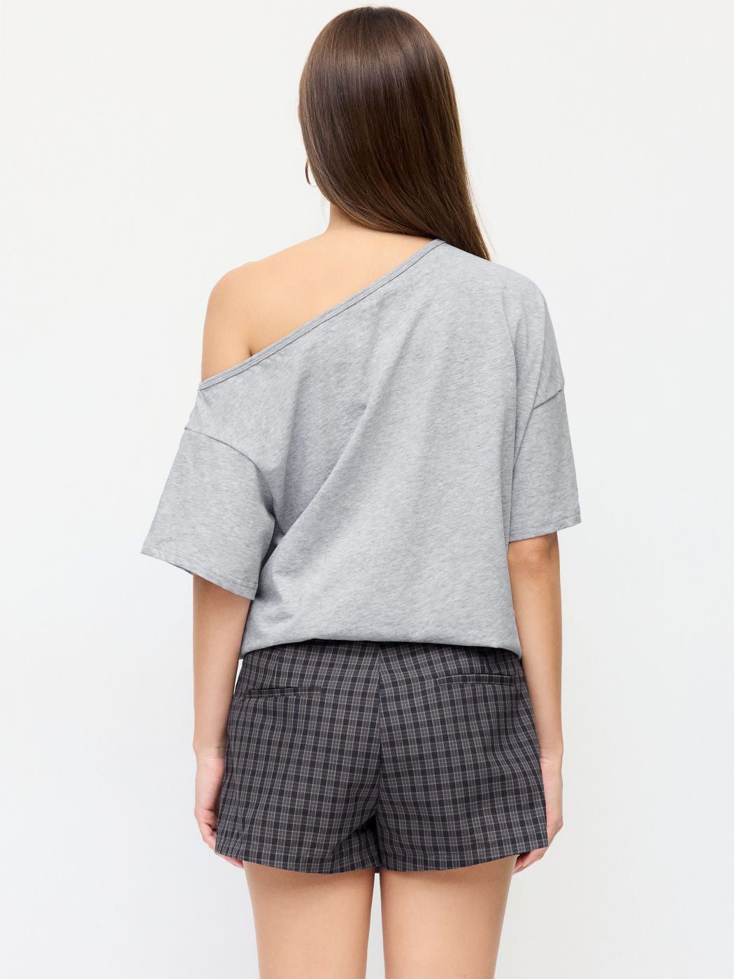 Grey Number 23 Rhinestone‑Graphic Asymmetrical Neck Oversized Short‑Sleeve Tee
