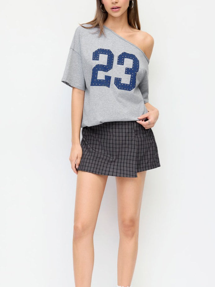Grey Number 23 Rhinestone‑Graphic Asymmetrical Neck Oversized Short‑Sleeve Tee
